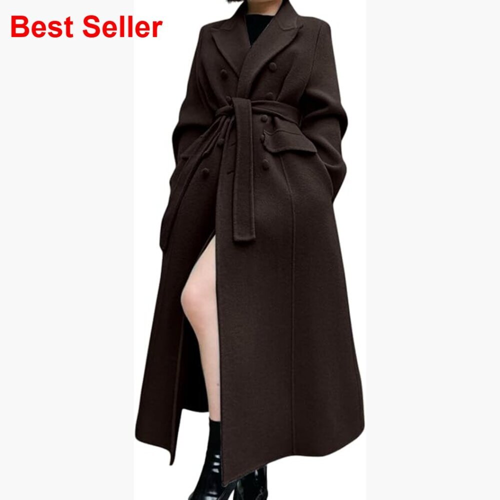 Long Winter Wool Pea Coat Double Breasted Trench Overcoat with Belt
